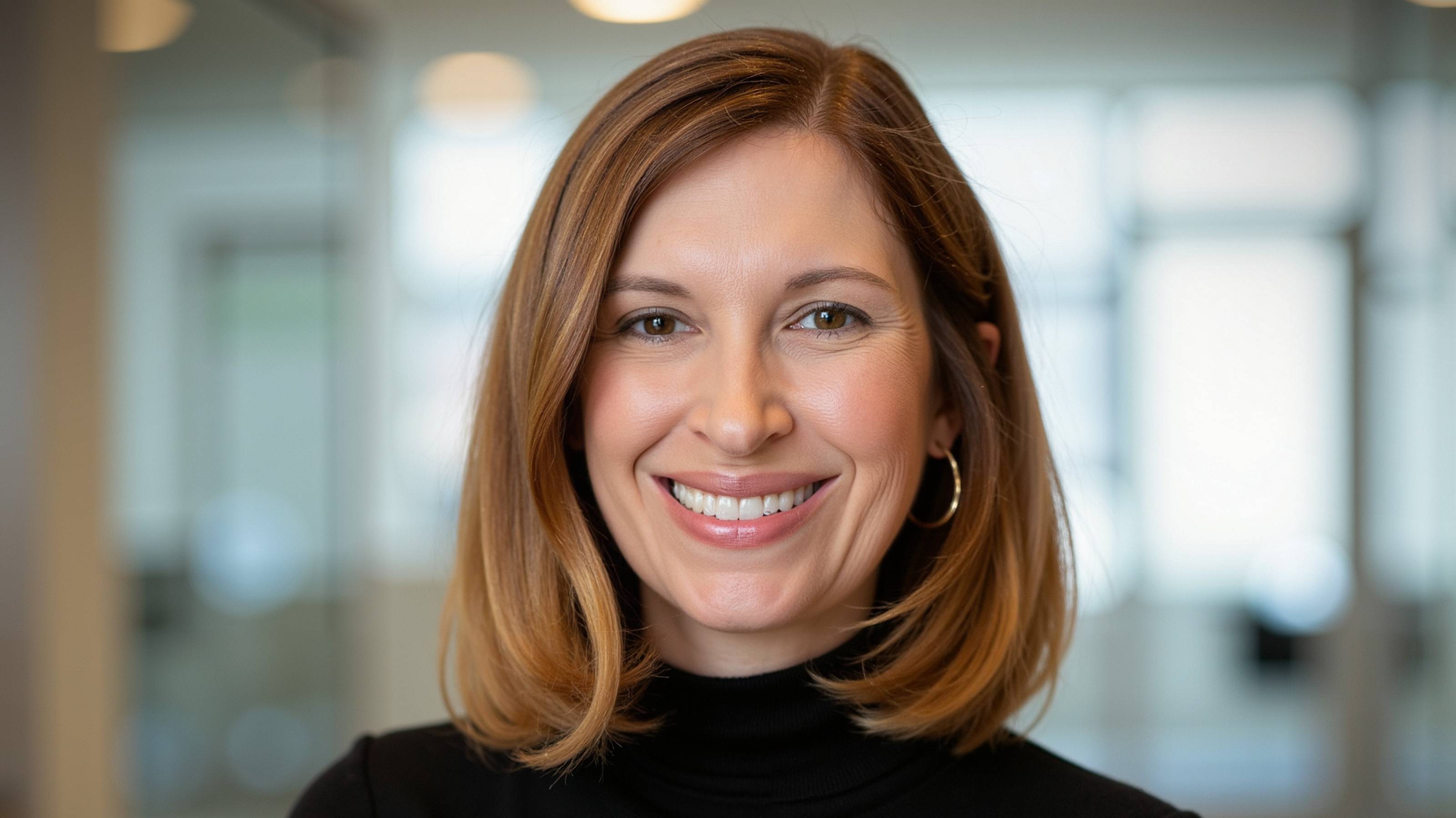 woman with light brown shoulder length hair smiling for headshot photo