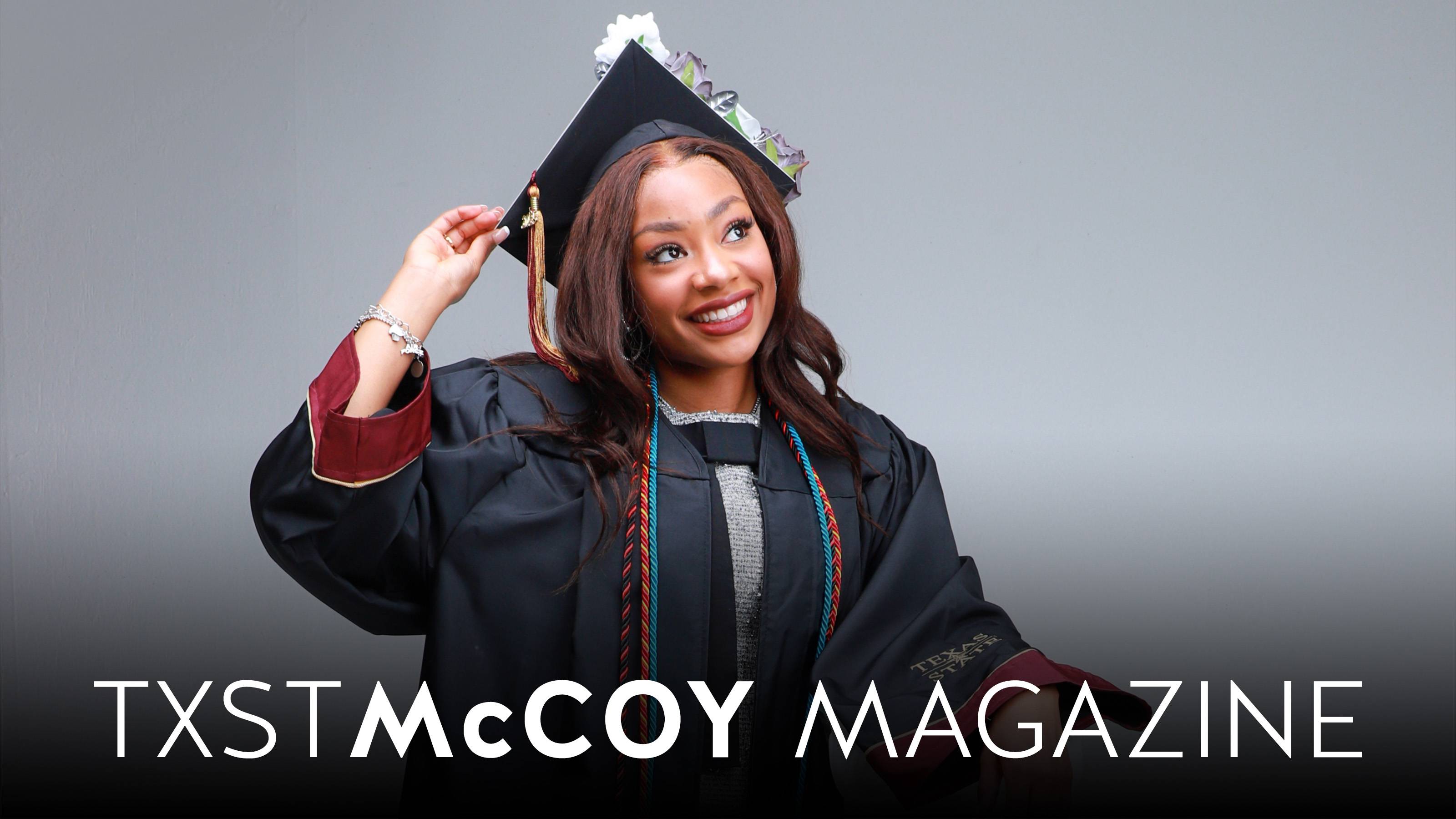 Allonna Beasley in graduation regalia with text overlay that reads, "TXST McCoy Magazine"