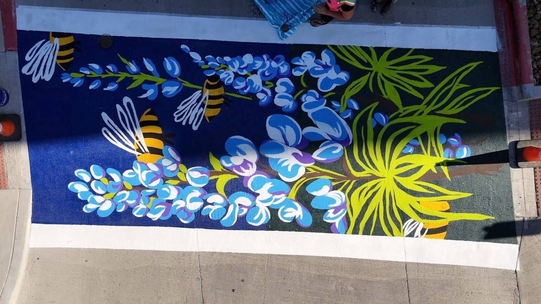 aerial view of mural painting on concrete