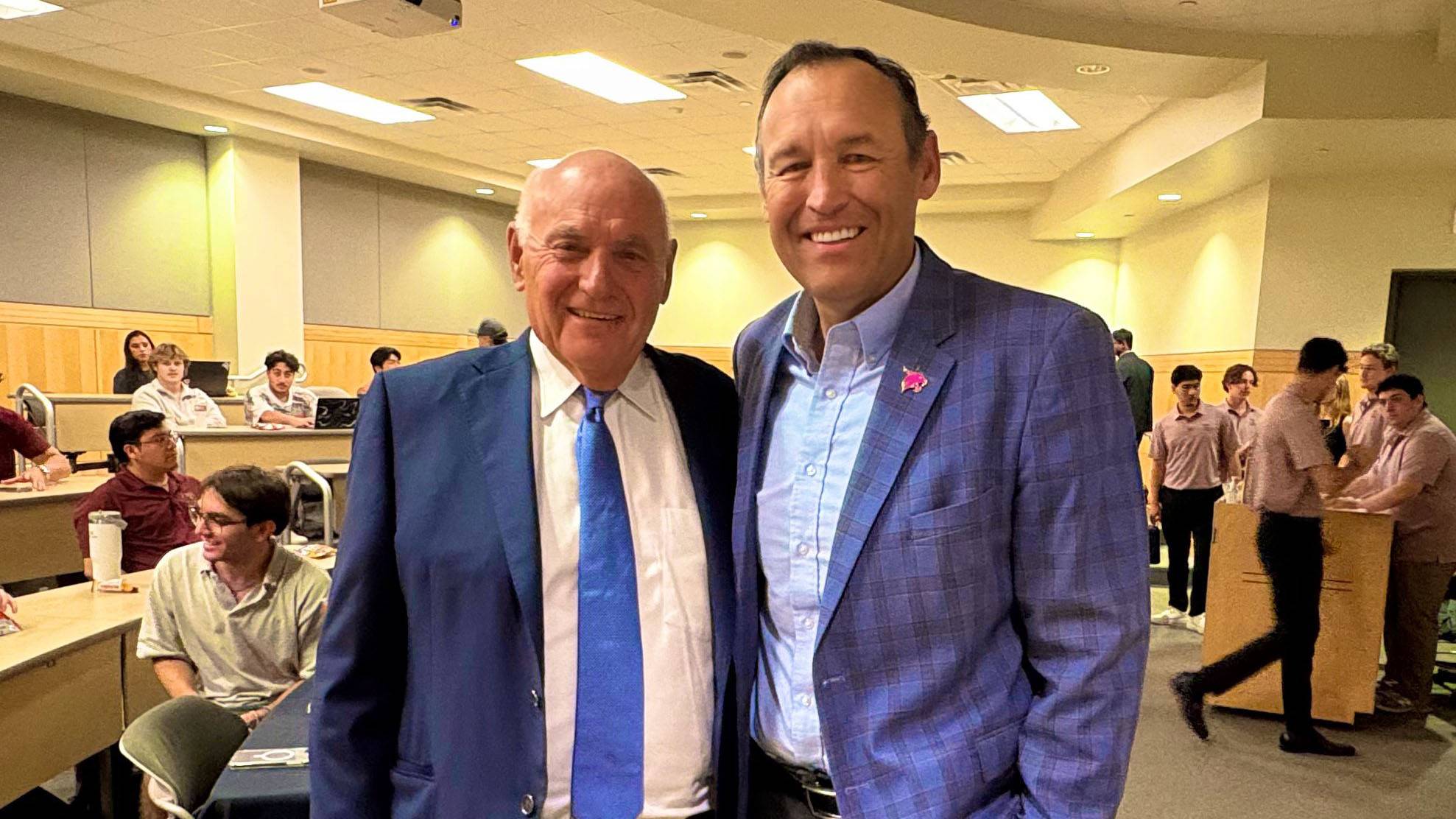 Jack Fields (left) and President Kelly Damphousse pose for a photo together at the speaking engagement.