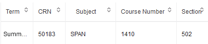 screenshot of student registration website that shows columns of course subject, section, CRN and number.