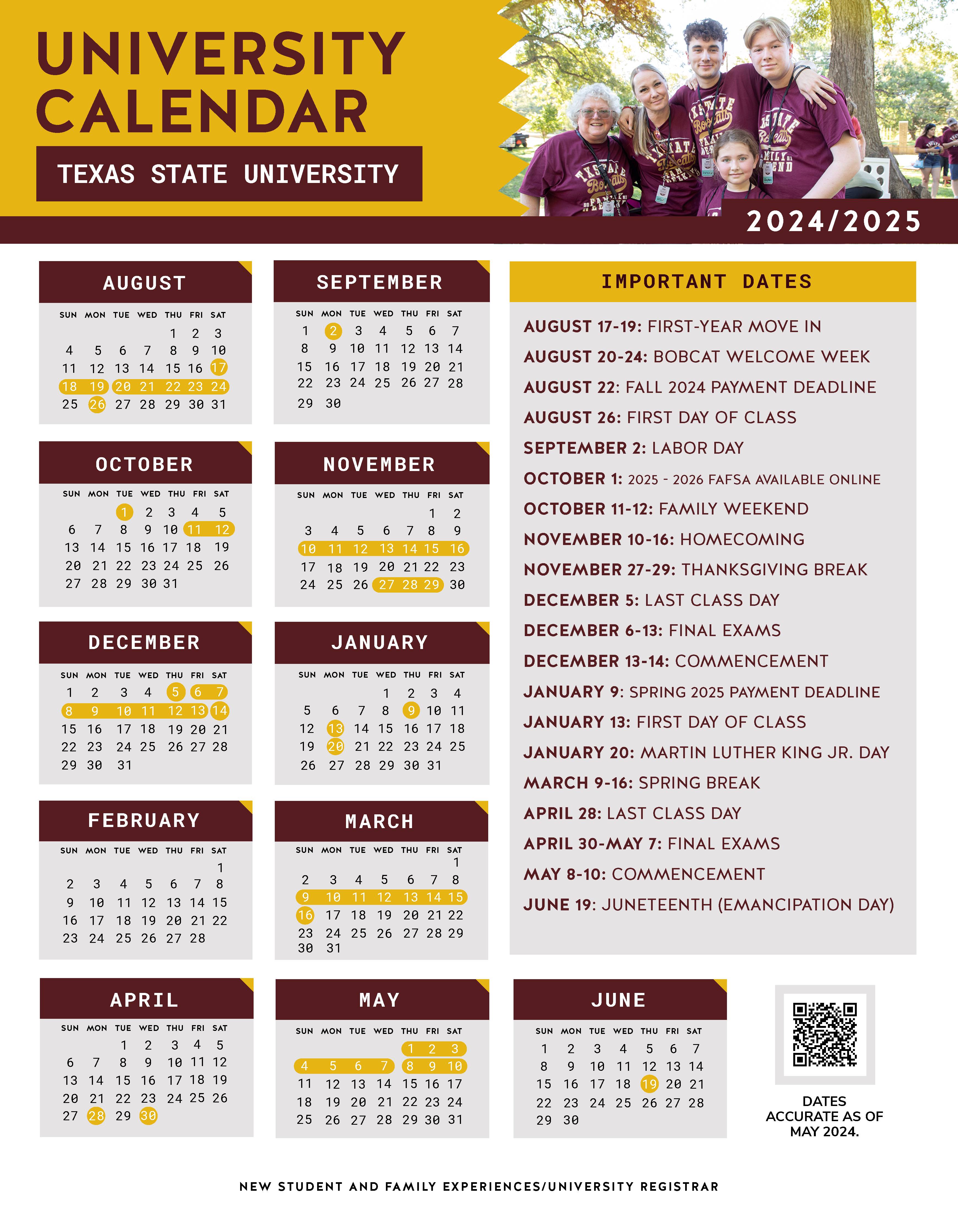 2024 - 2025 Parent and Family Calendar - Texas State University