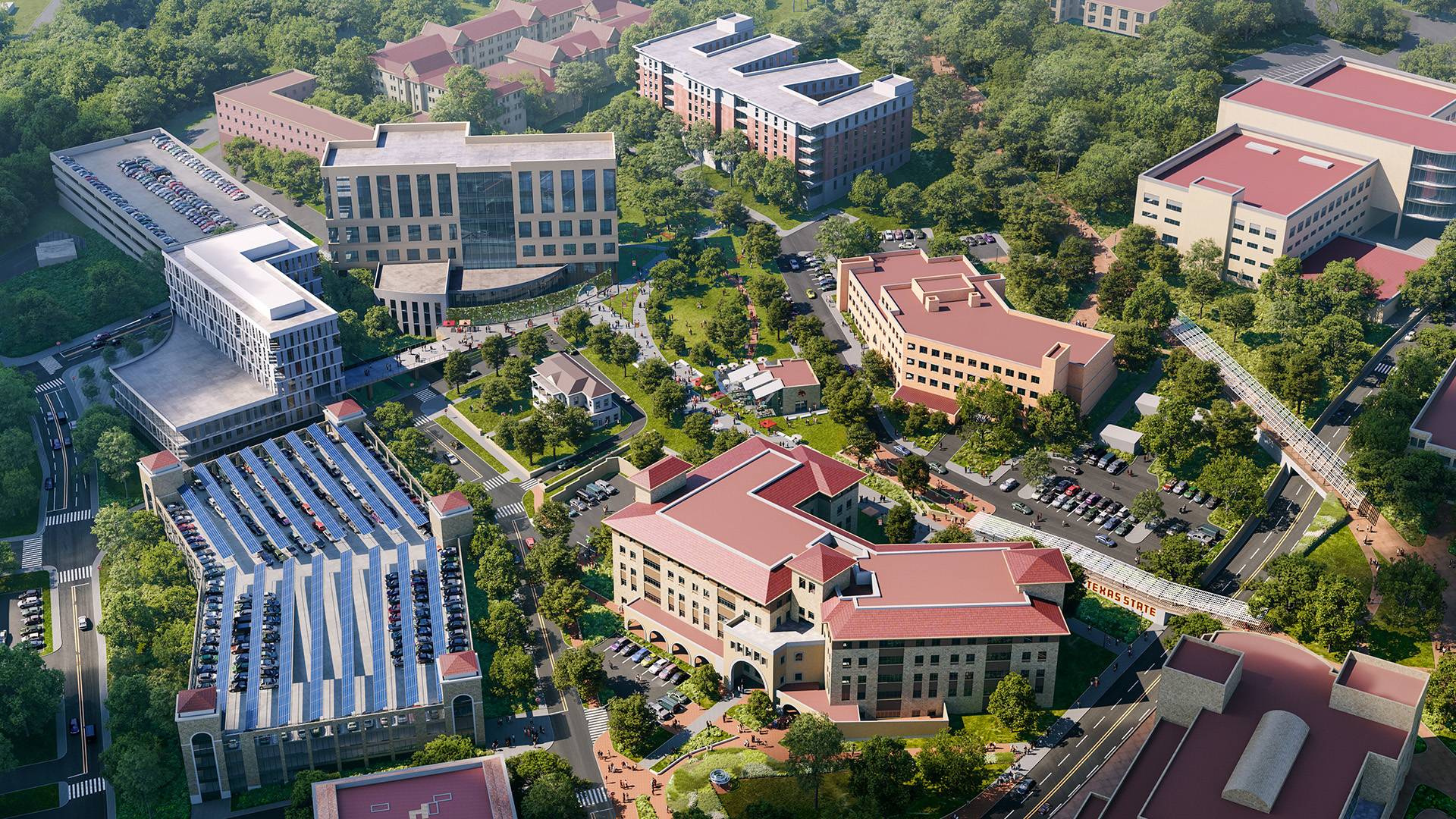 rendering of an arial view of a college campus