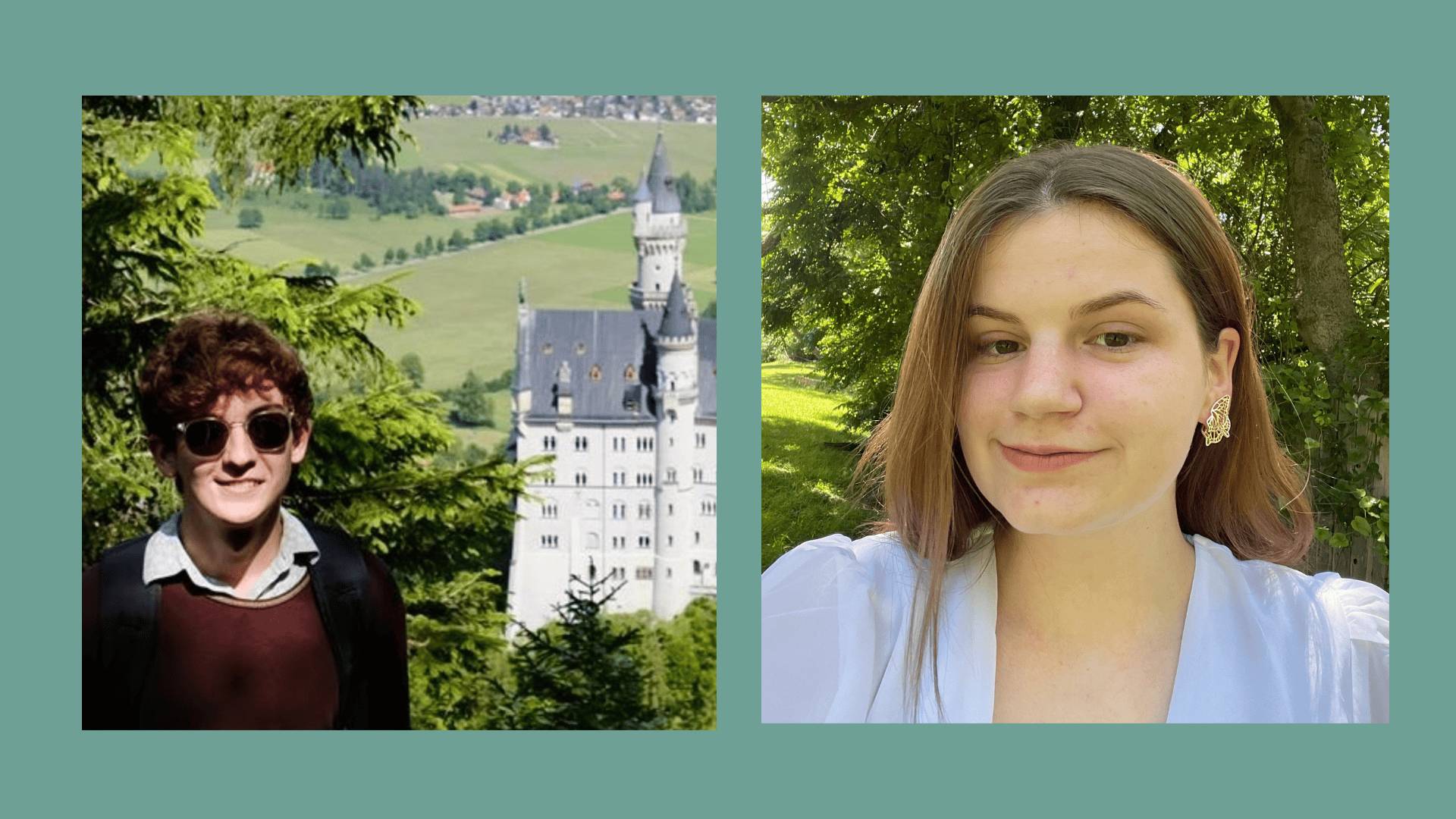 man wearing sunglasses with Neuschwanstein castle in background, woman in front of trees