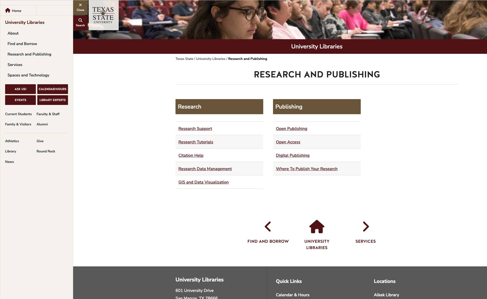 research and publishing menu