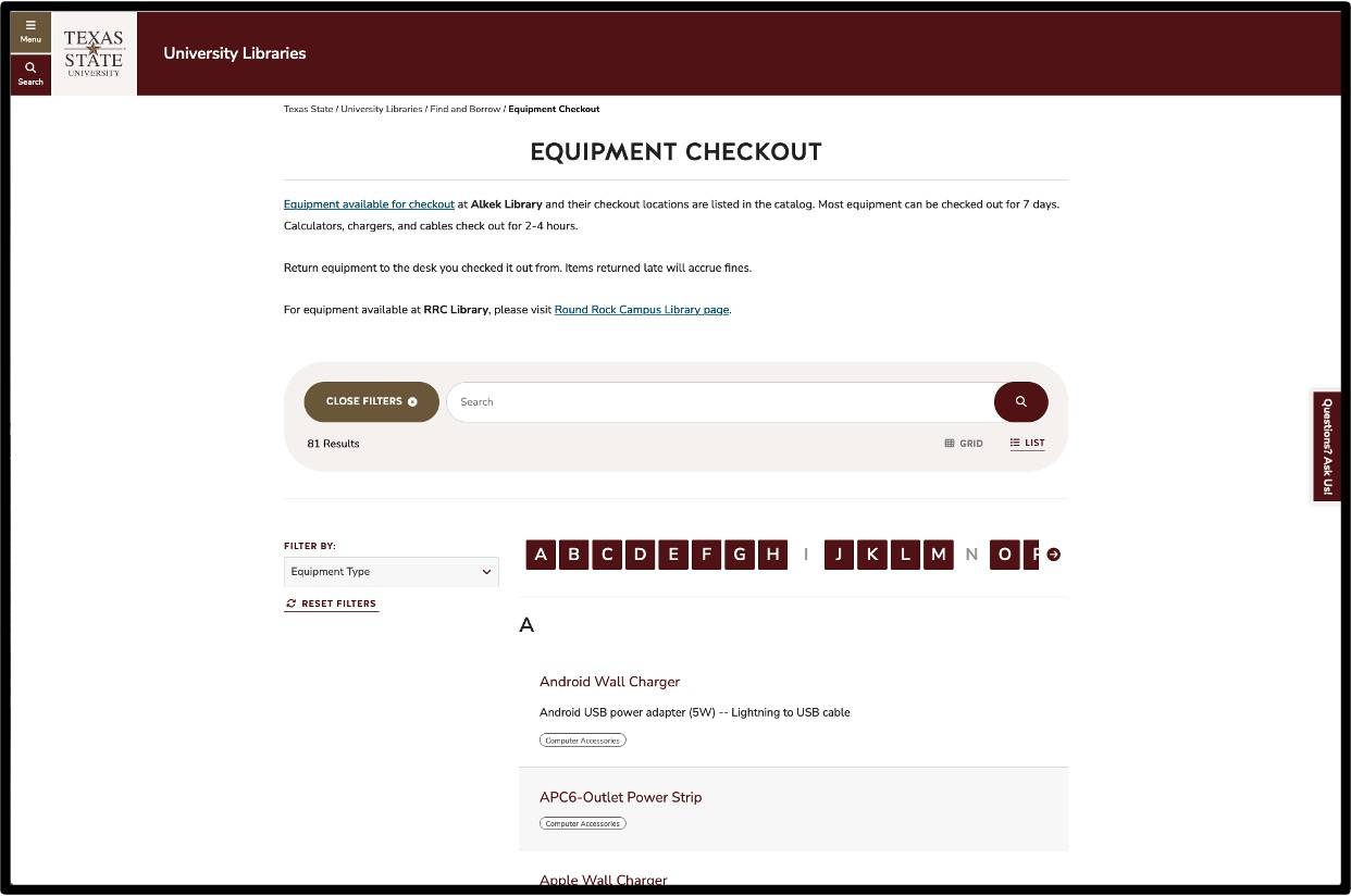 equipment checkout web page