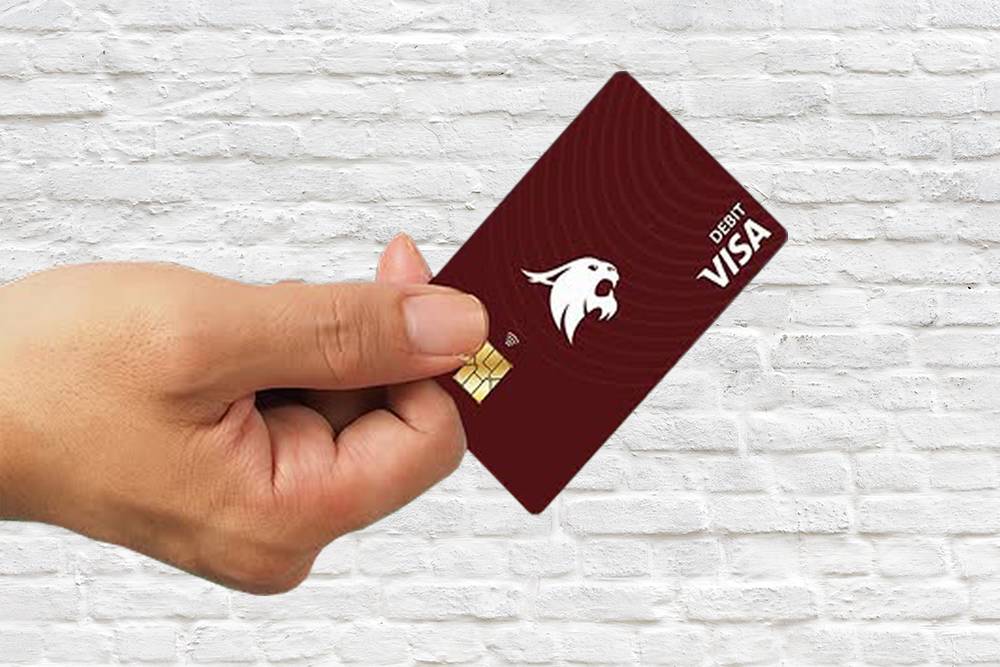 Hand holding a Bobcat debit card