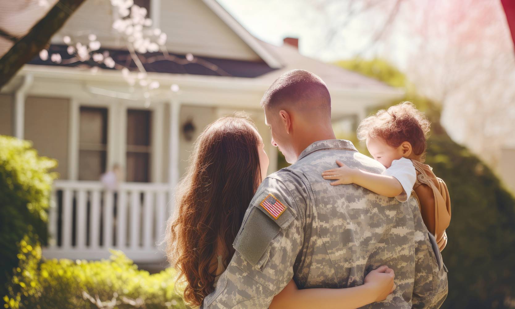 A veteran puts his arm around his wife while holding a child in his arm. They stand facing away towards a house.