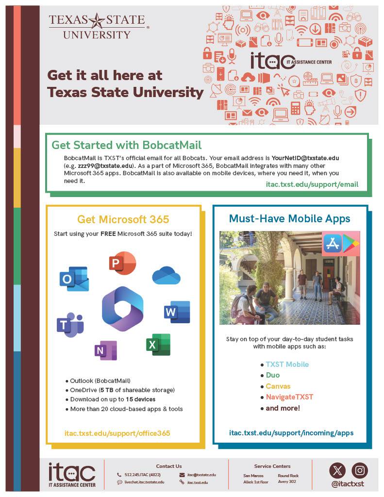 An informational printout detailing student tech resources at TXST.