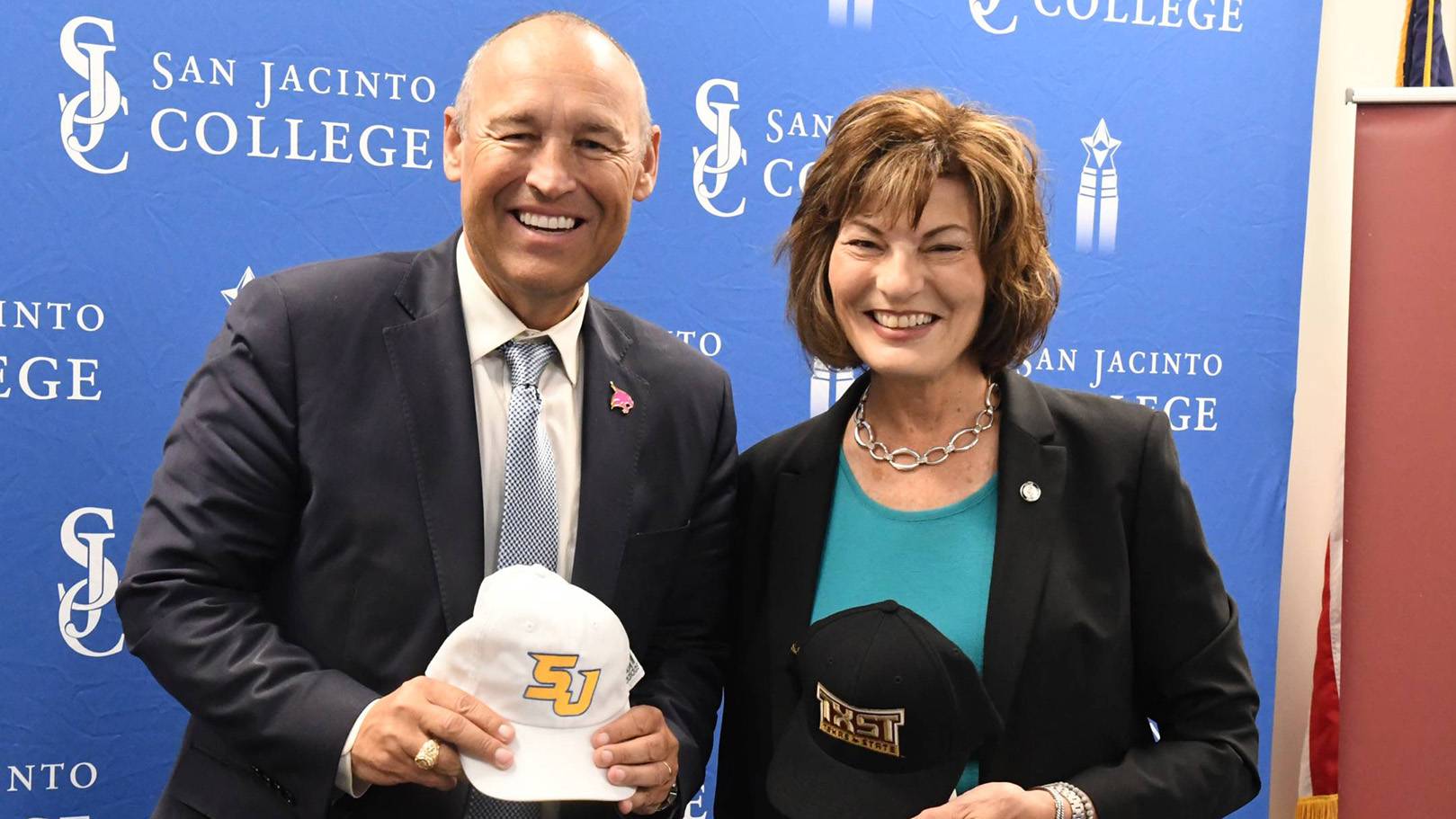 President Kelly Damphousse (left) poses for a photo with San Jacinto College Chancellor Brenda Hellyer.