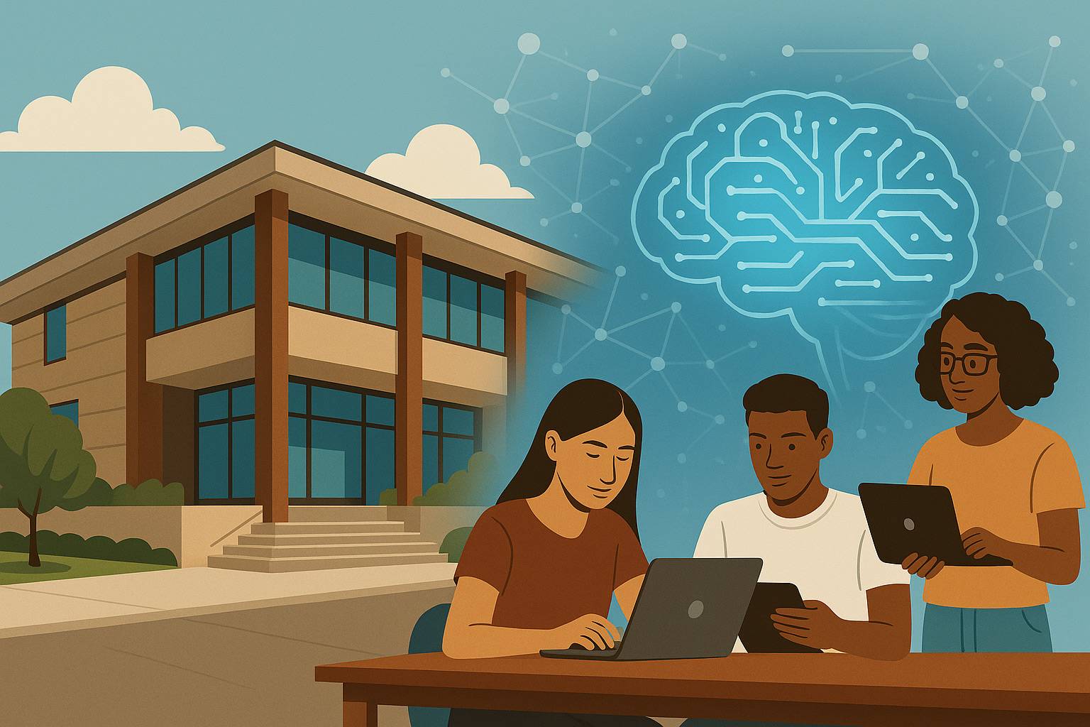 Librarians and students at a table with laptops and AI icons in a university setting.