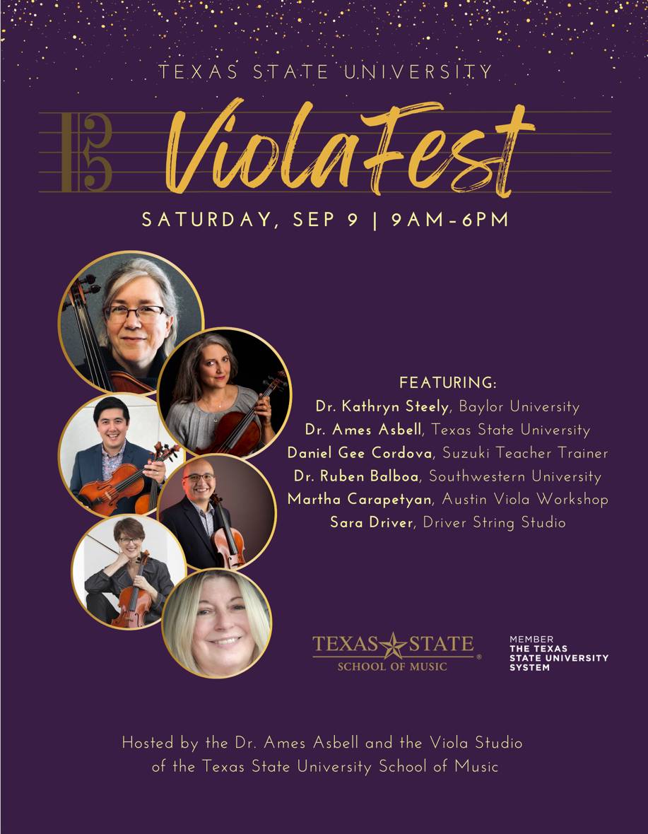 Purple 2023 Texas State ViolaFest Poster with images of featured guests and event information