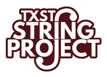Maroon and white logo with text "TXST String Project"