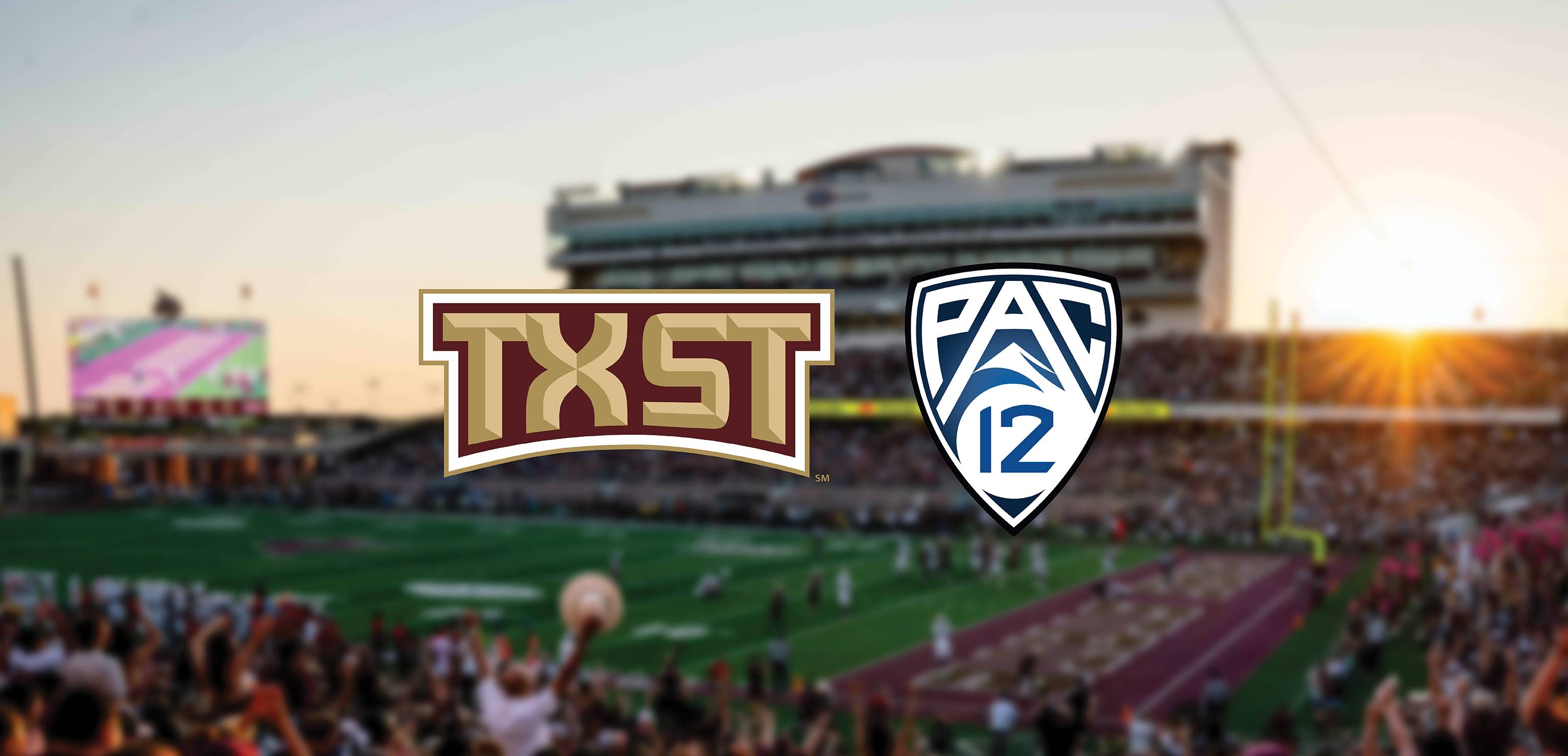 TXST and Pac12 logos on photo of txst football stadium