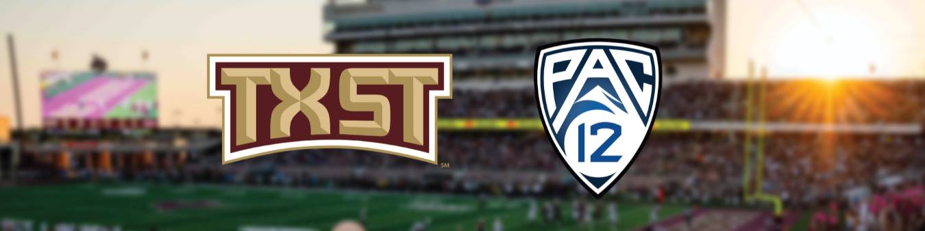 blurred image of the UFCU Stadium with txst and pac-12 logos on top