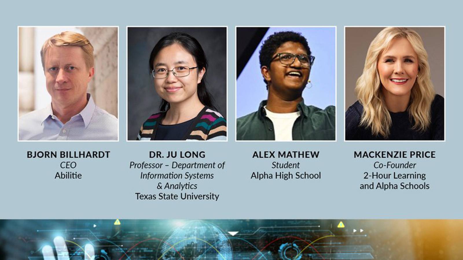 graphic that includes images of four individuals participating in Austin Business Journal panel on artificial intelligence