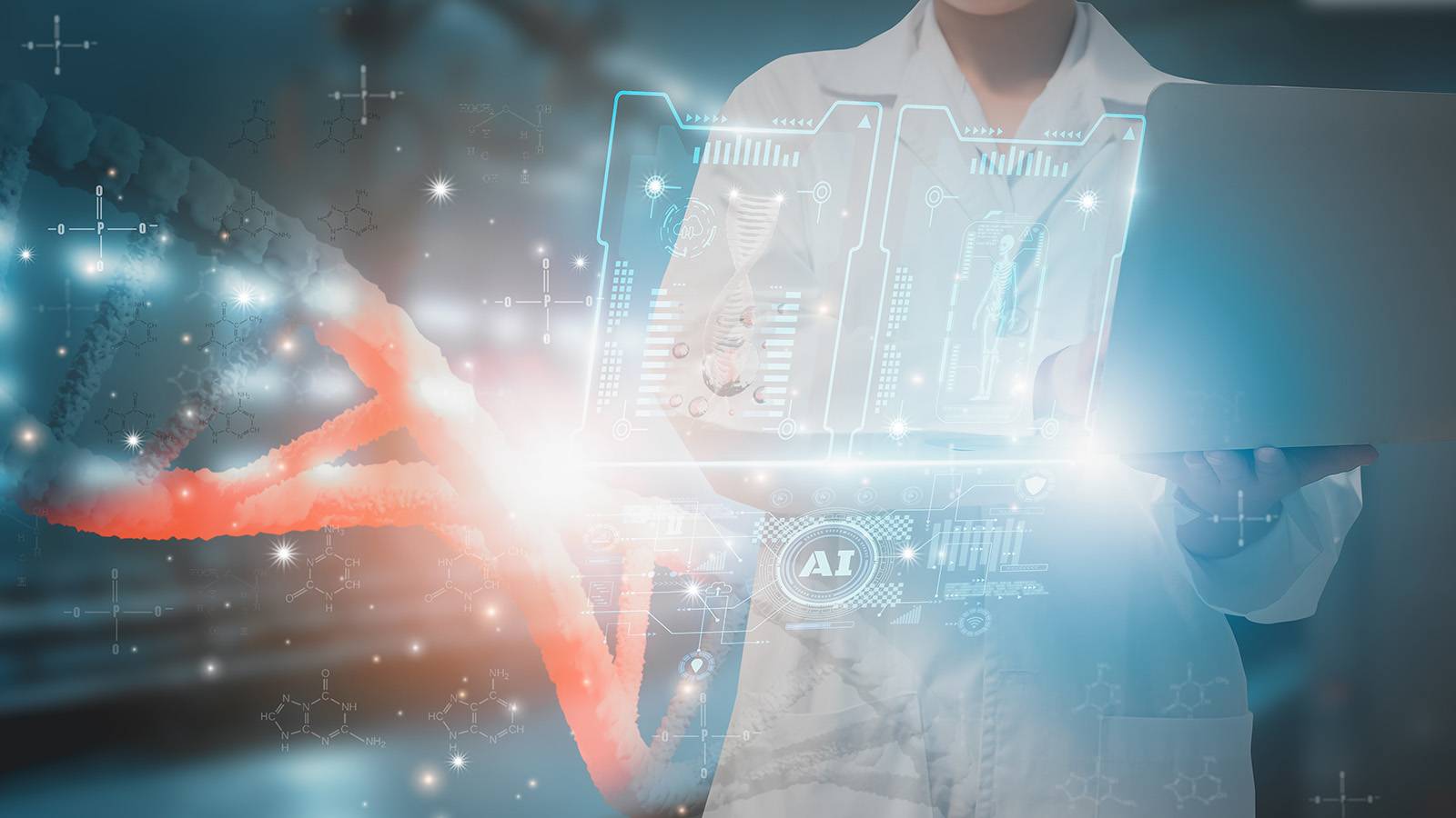 woman in lab coat uses artificial intelligence technology to analyze data on a computer