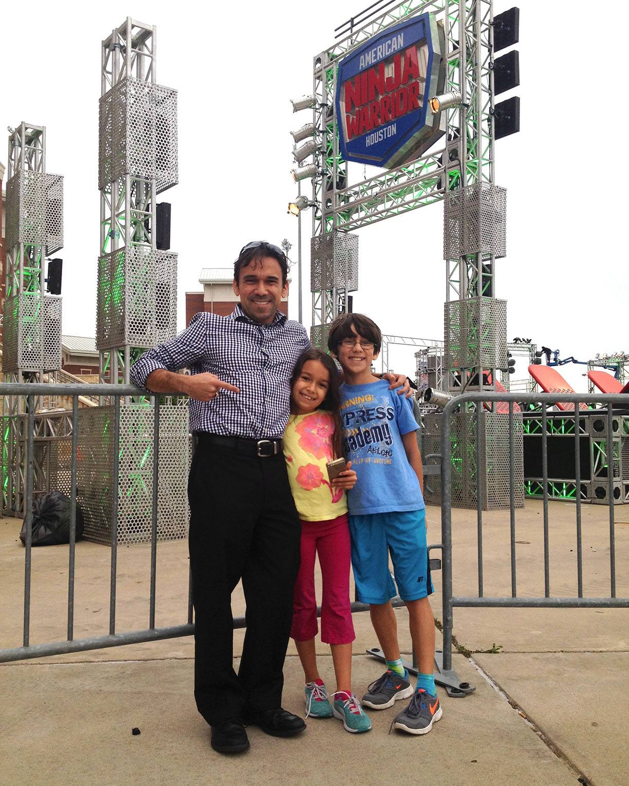 Aidan Gonzales' dad Patrick (left), sister Camille, and Aidan at a Houston taping of American Ninja Warrior in 2015.