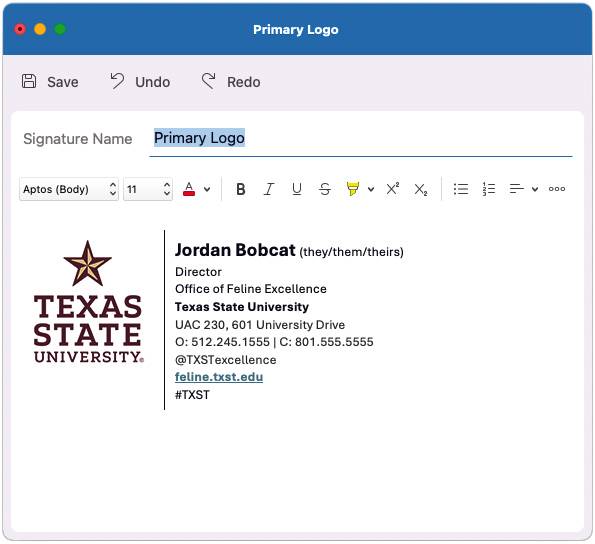 Screenshot showing a sample of a Texas State Email Signature, using the primary Texas State logo.