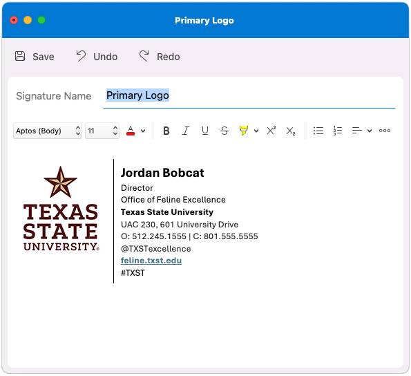 Screenshot showing a sample of a Texas State Email Signature, using the primary Texas State logo.
