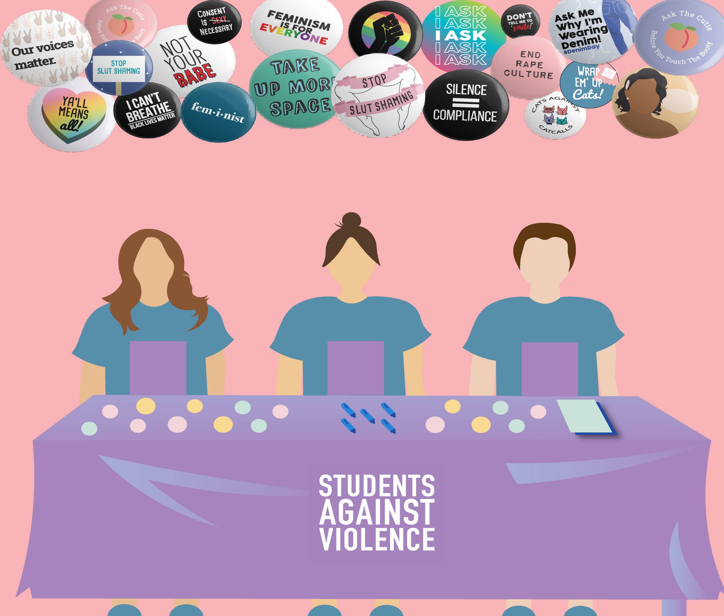 A graphic of a trio of students standing at a Students Against Violence event table.