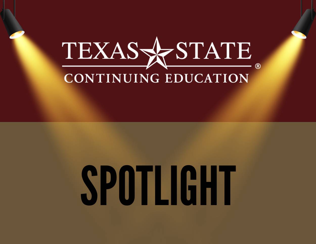 two spotlights in top corners shining down on white, maroon and gold with text