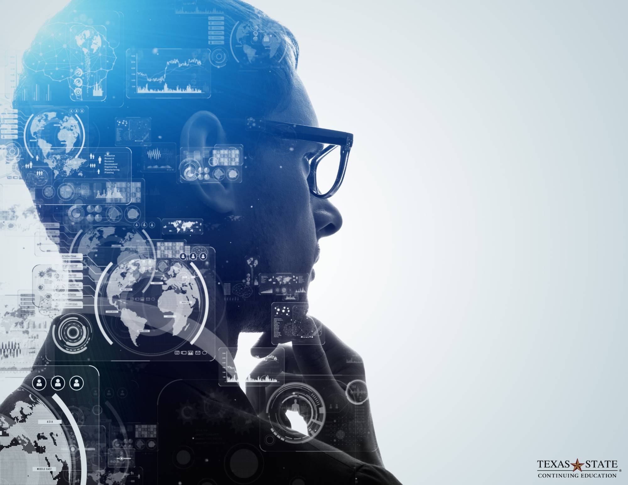 silhouette of man's head with glasses containing superimposed date strands