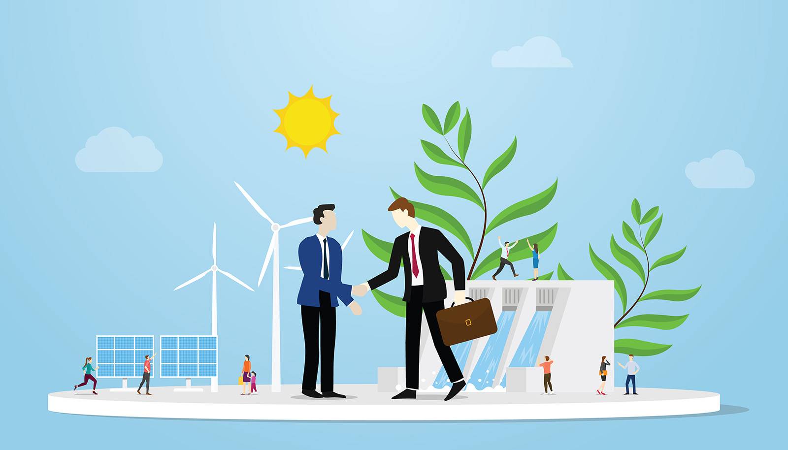 graphic of two business men shaking hands surrounded with renewable energy technology including solar panels and wind turbines