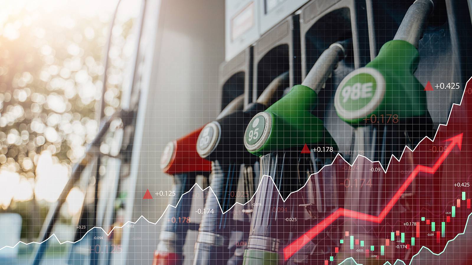 Fuel dispenser with overlaying transparent graph highlighting increase in price of oil