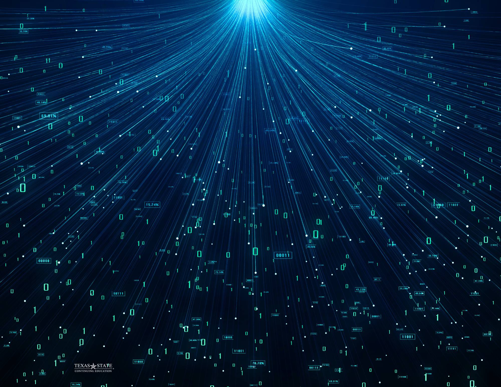light blue lines of data cascading down over a dark blue background