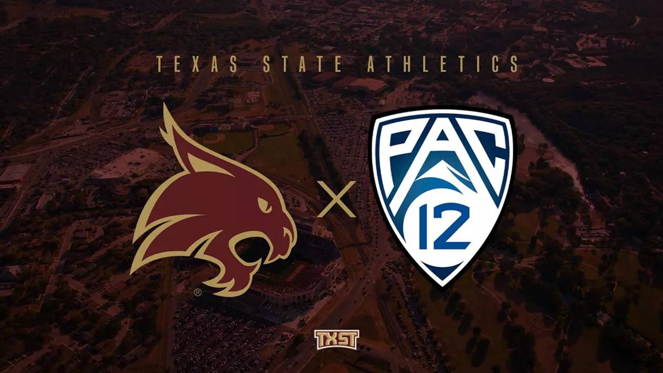 graphic of txst super cat logo and pac-12 conference