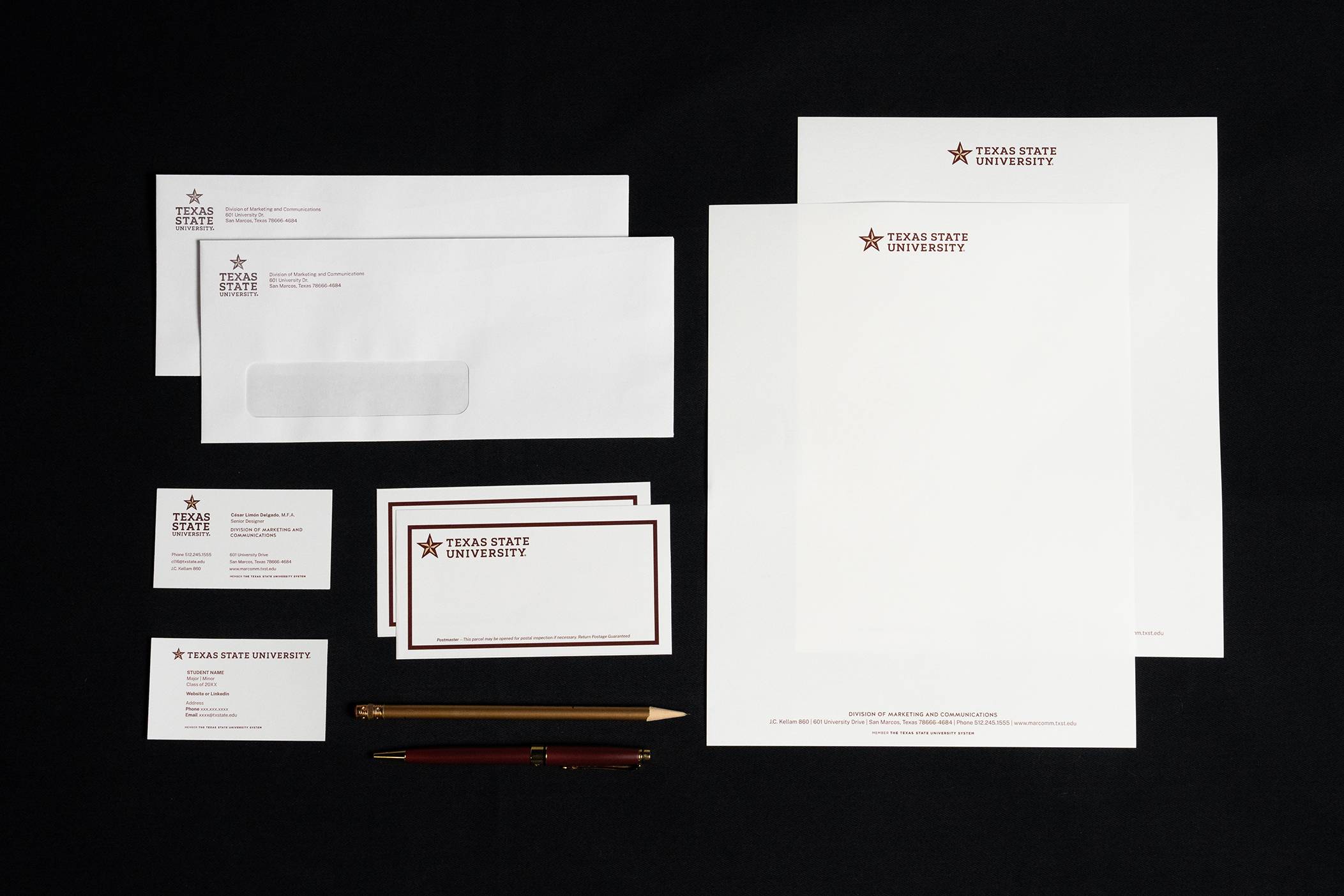 overlay of multiple stationery items with texas state logo on them