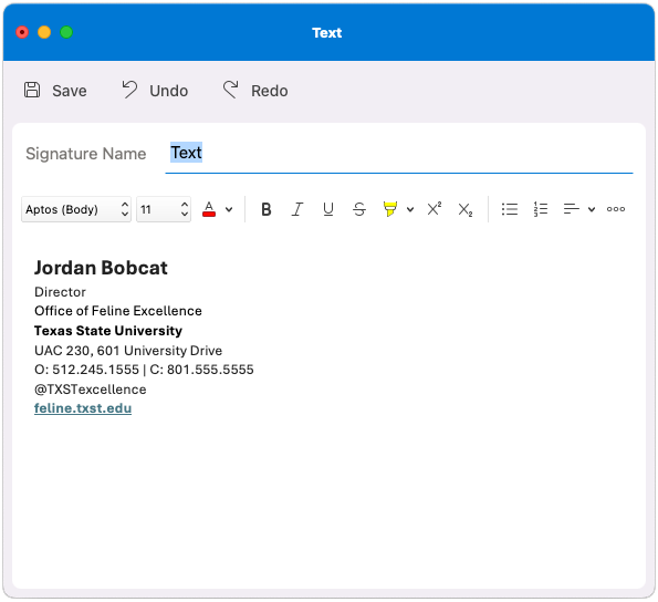 Screenshot showing a sample of a Texas State Email Signature, using text only.
