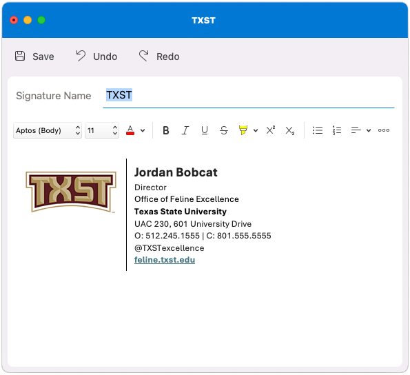 Screenshot showing a sample of a Texas State Email Signature, using the TXST acronym logo.
