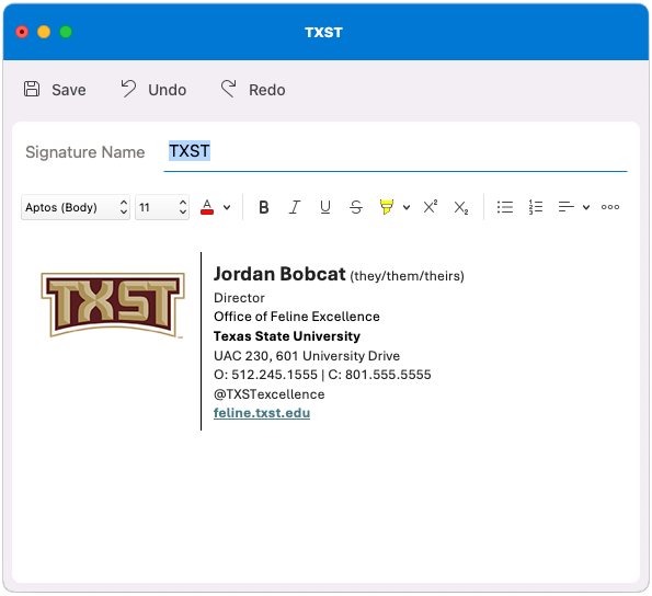 Screenshot showing a sample of a Texas State Email Signature, using the TXST acronym logo.
