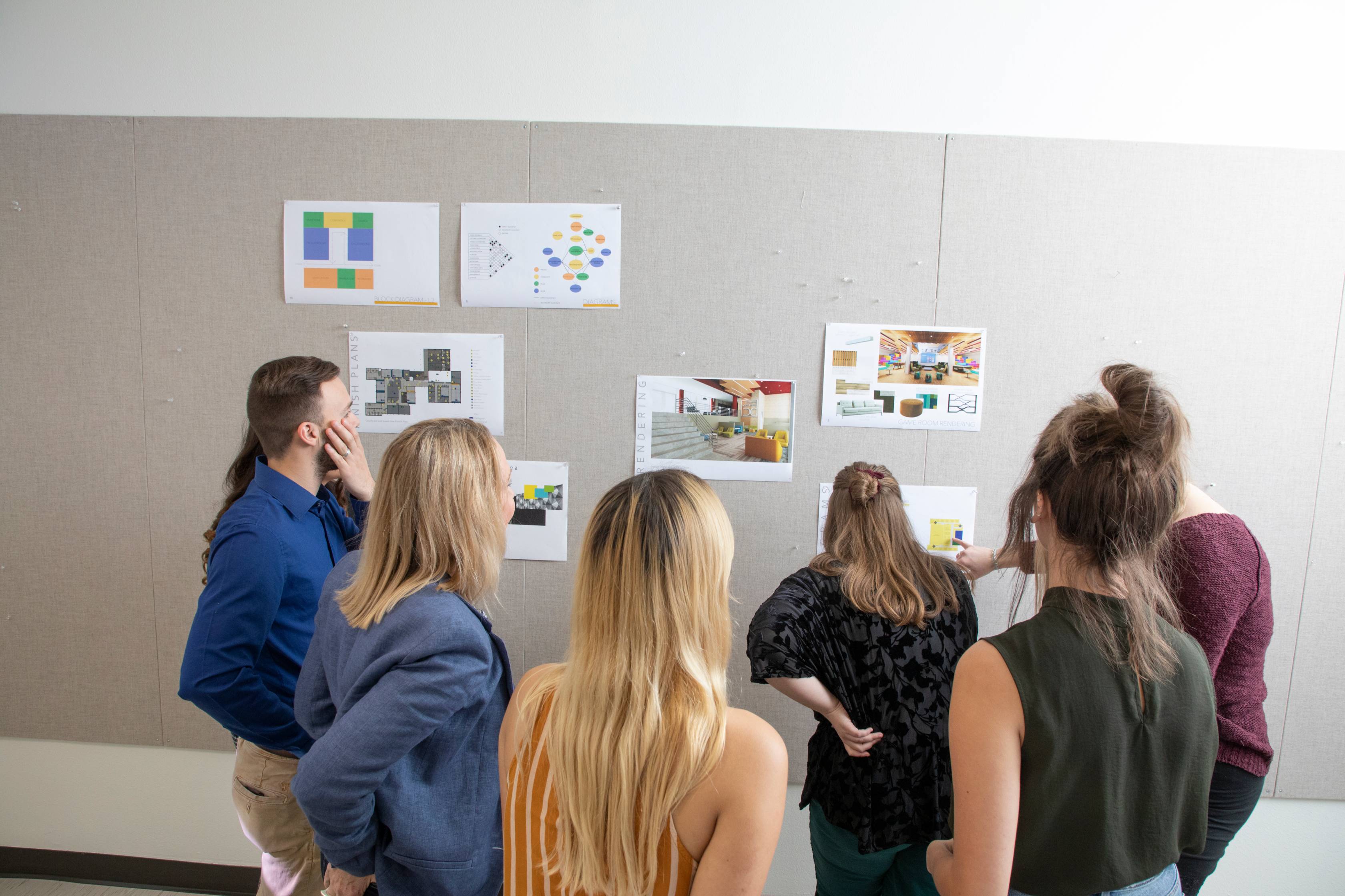 Team gathering for a meeting to look at project.