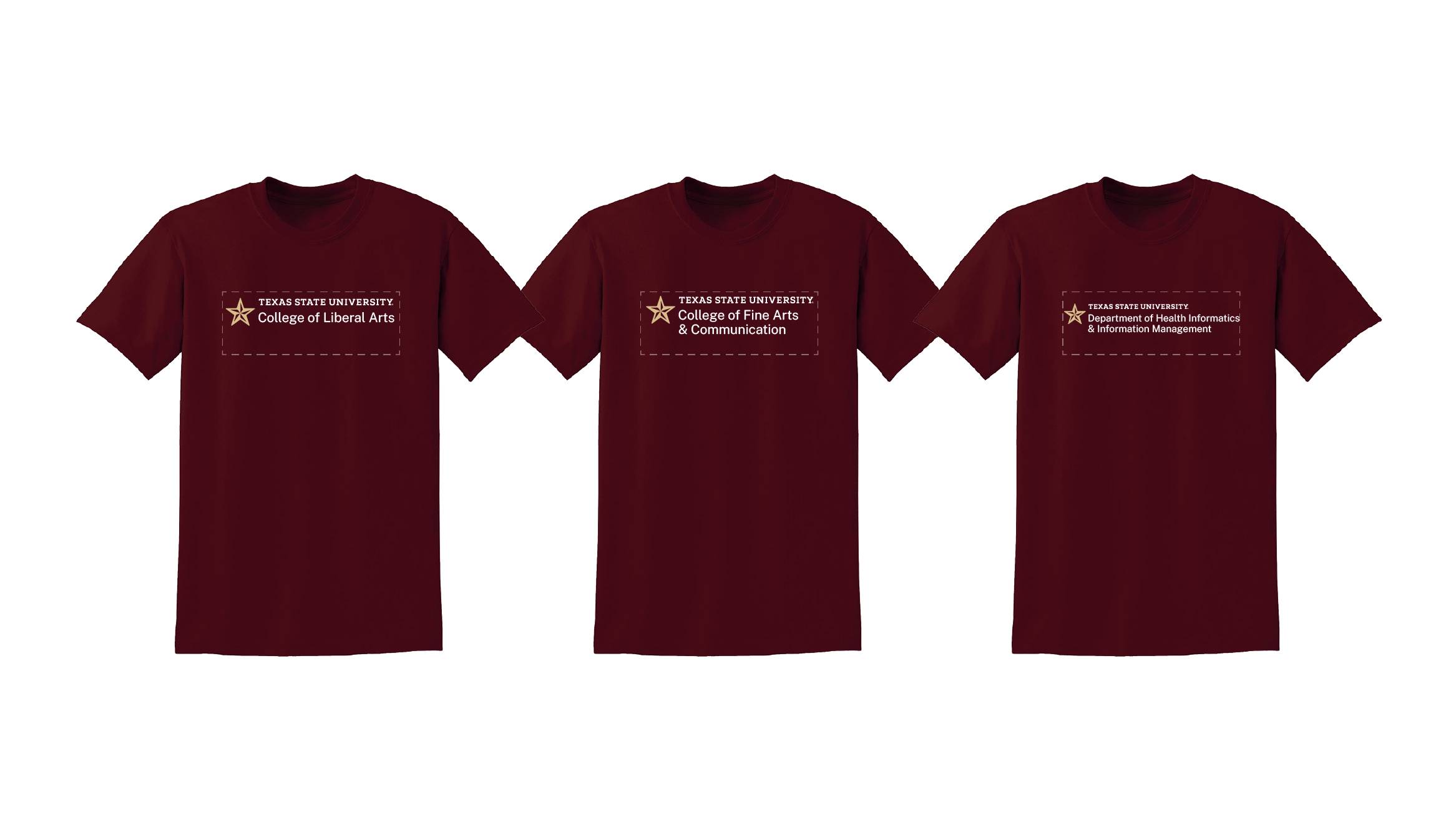 Options and logo permutations on a maroon t-shirt