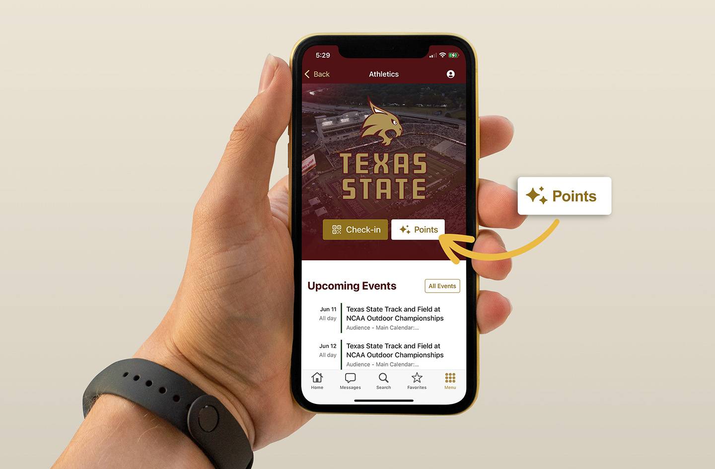 Screenshot of the Athletics screen in mobile, highlighting the Points button.