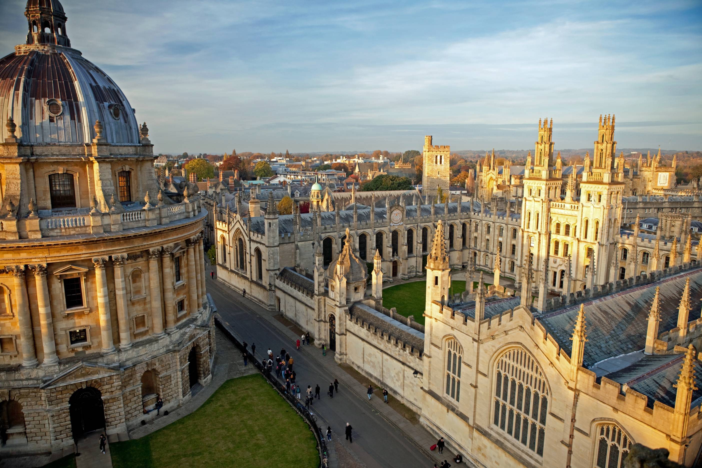 View of the Bodleian Library and next door building from above during the day.
