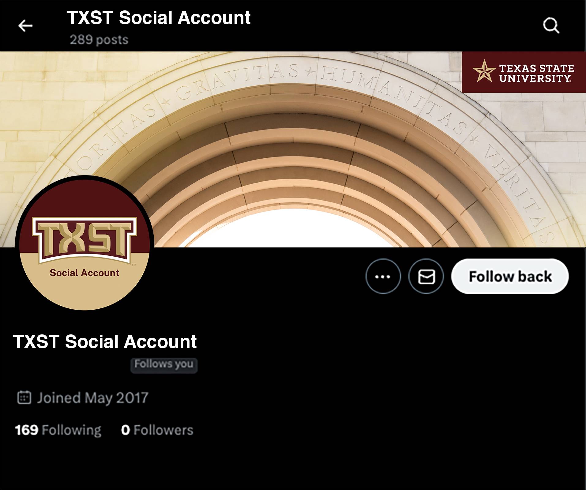 Texas State's Twitter social media avatar and cover.