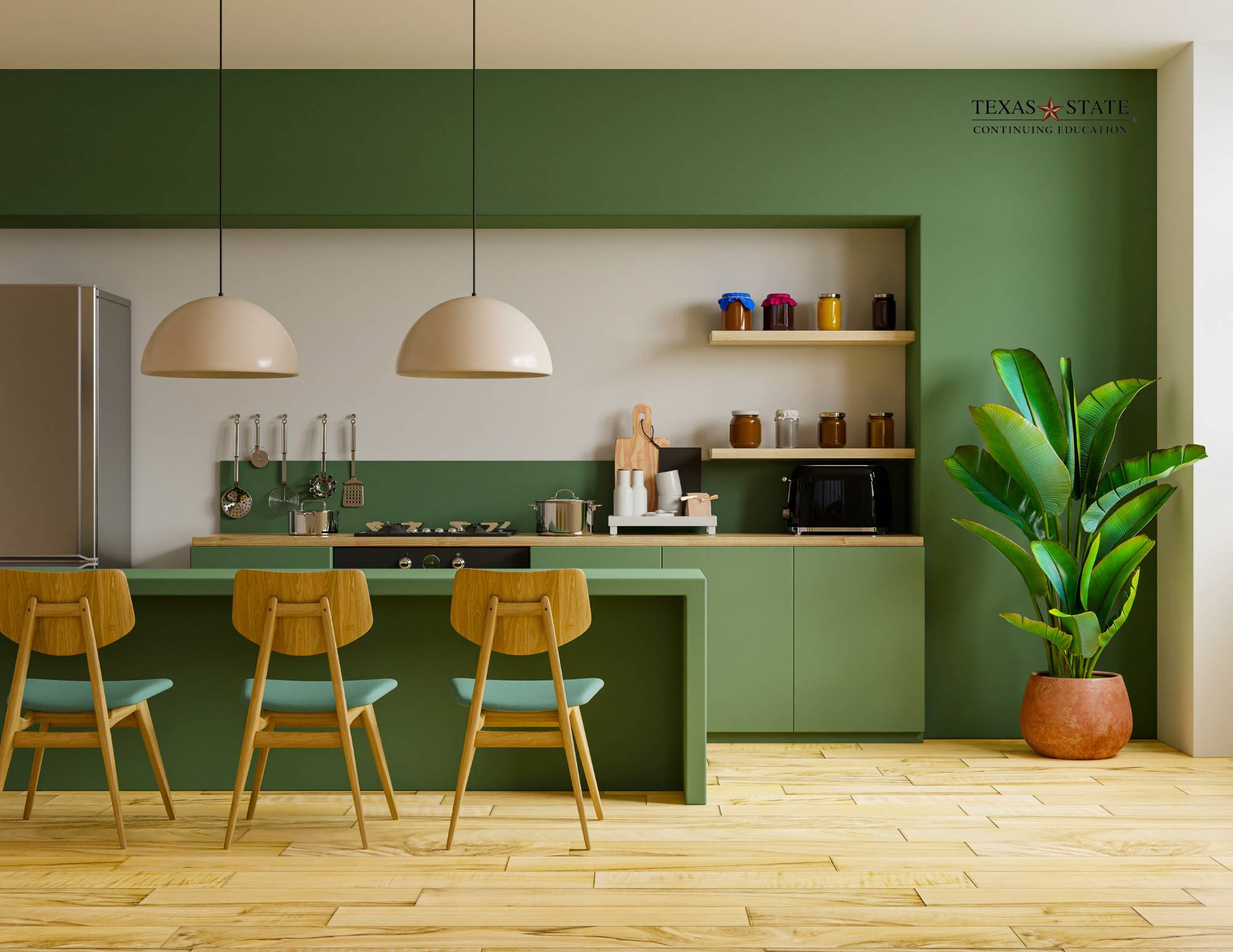 a green and beige staged kitchen and dining area with a plant in an orange vase in the right corner