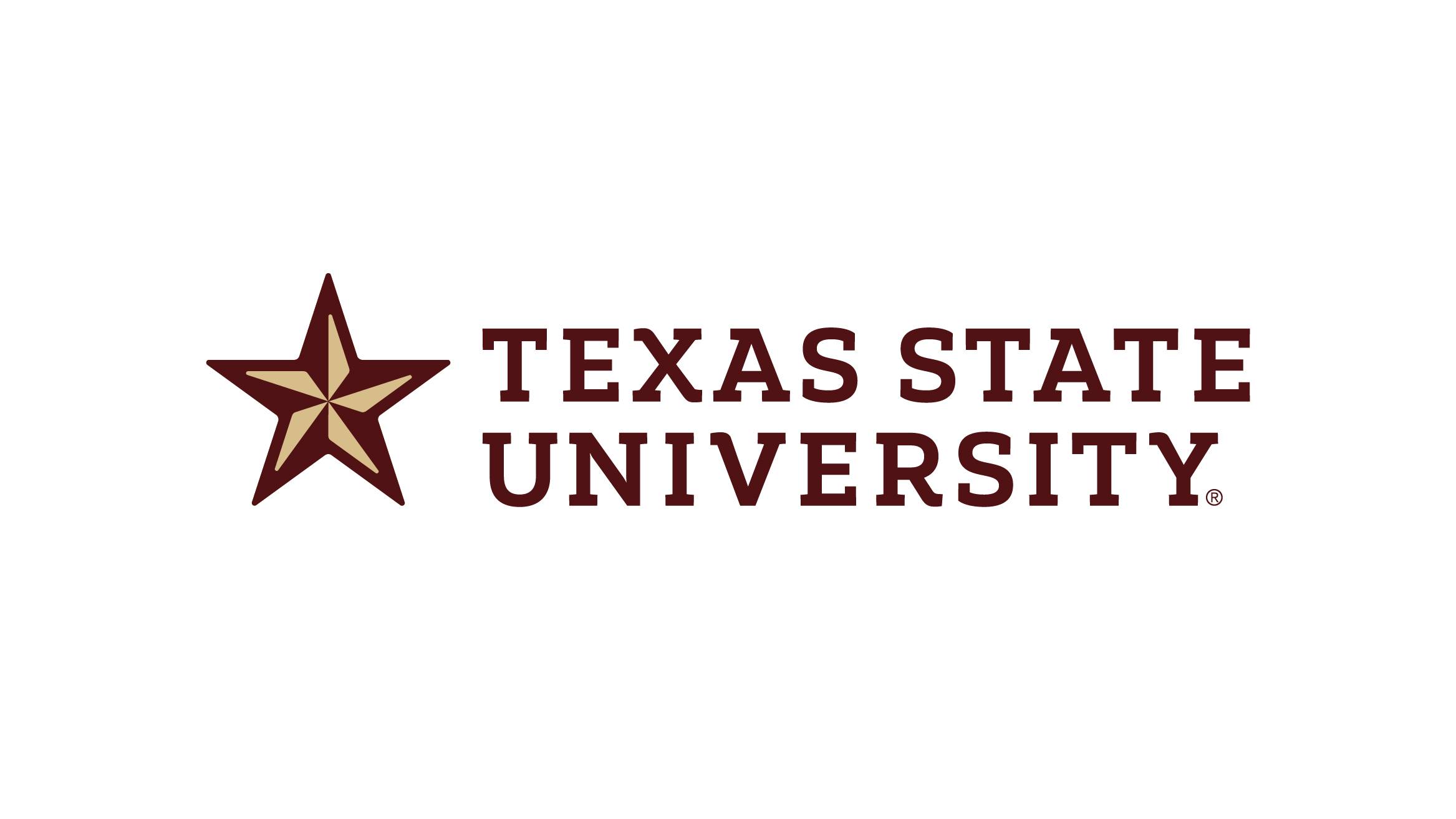 A maroon and gold star followed by the words "Texas State University"