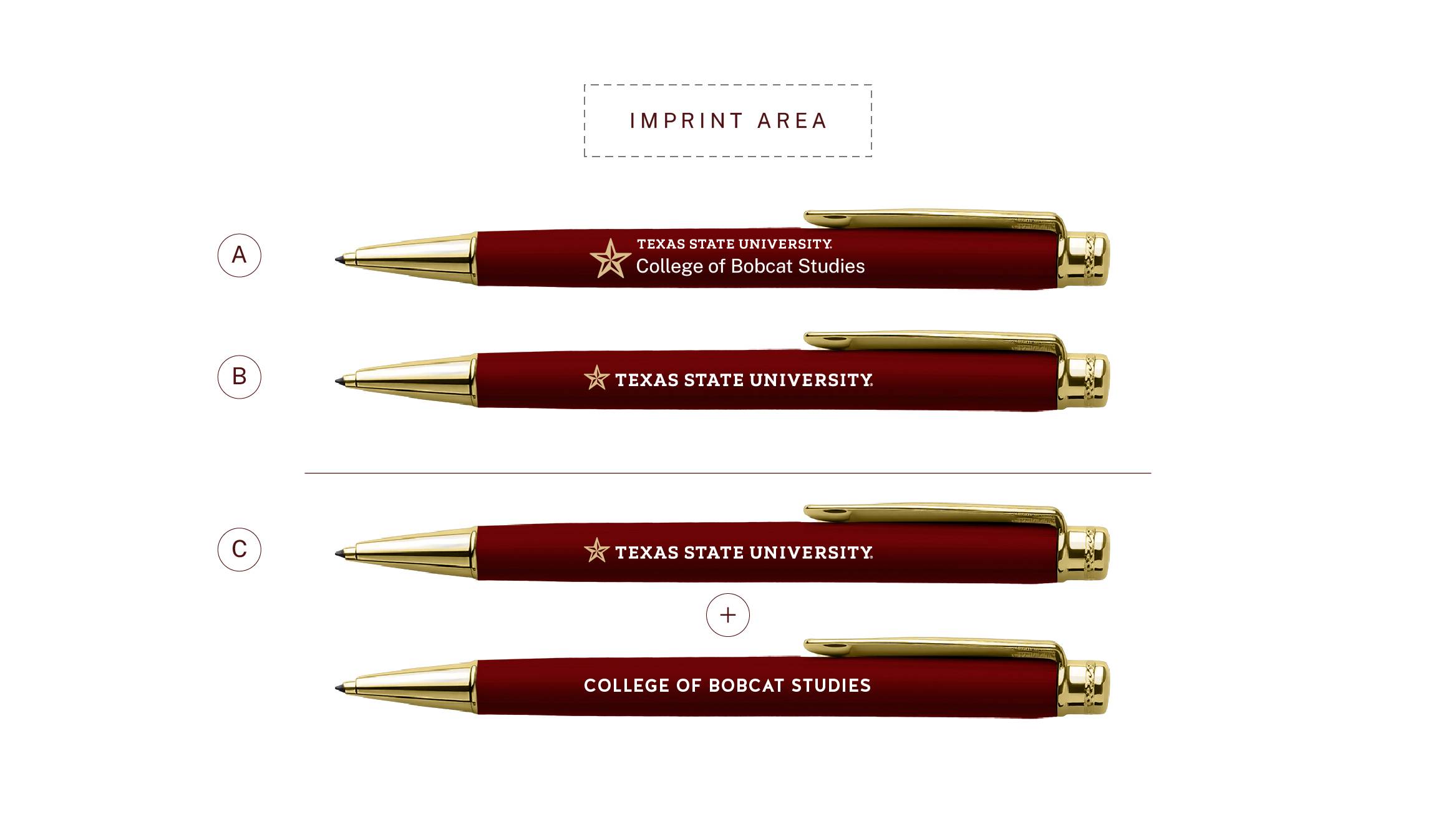 Options and logo permutations on a maroon pen