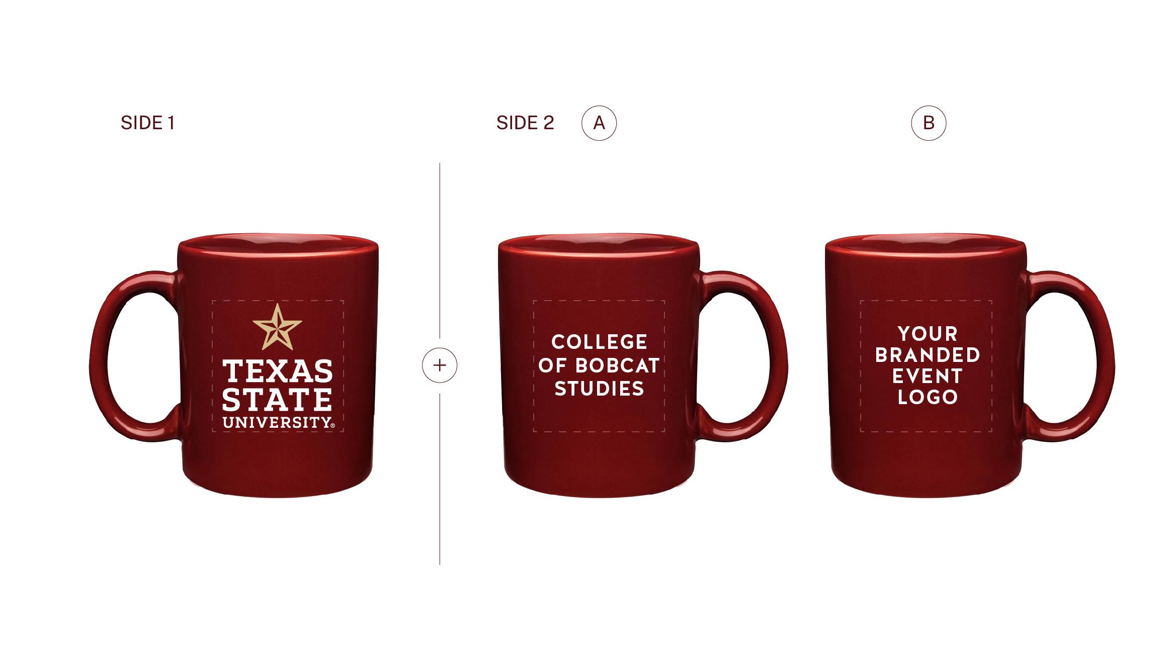 Options of logo permutations on a maroon mug
