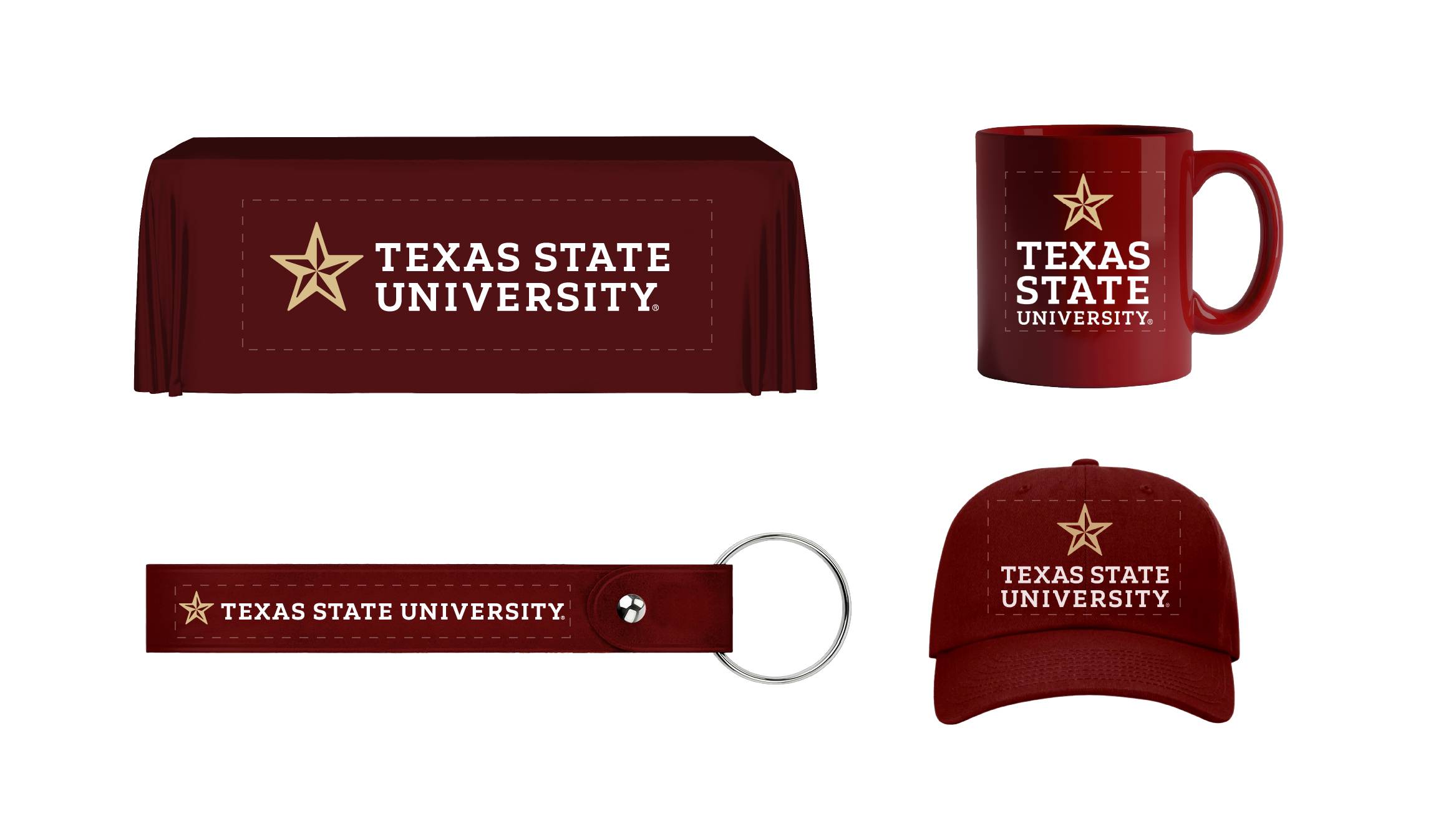 Maroon TXST promotional items showcasing the logo in its various permutations; a blanket, mug, keychain, and hat emblazoned with the new logo.