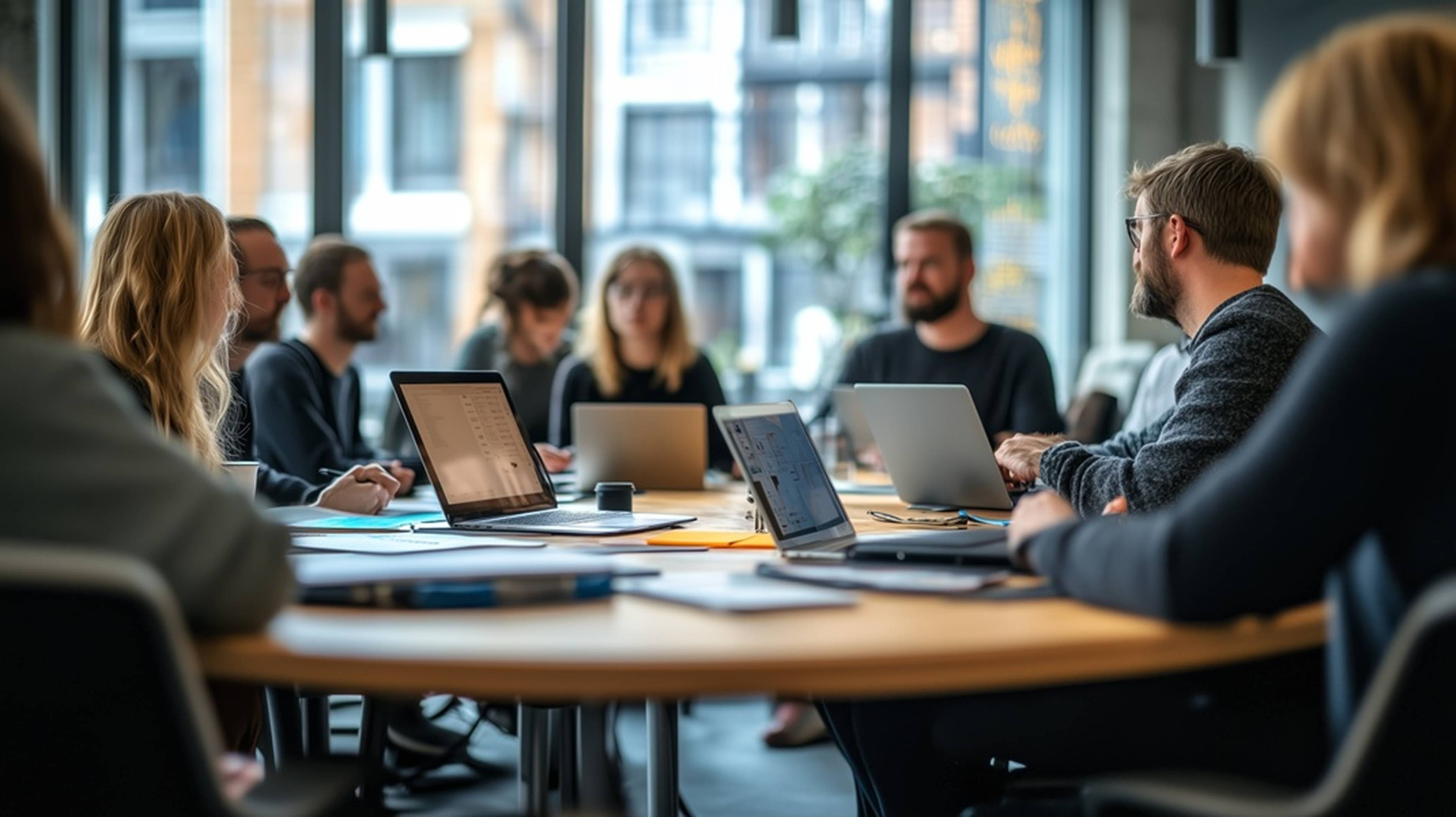 group of people listening around a table