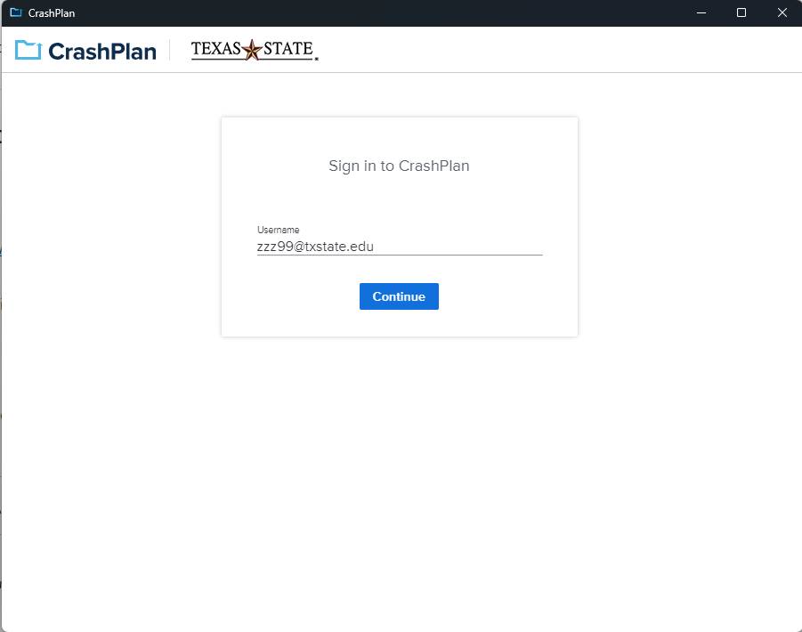 Sign into Crashplan with TX State email in username box