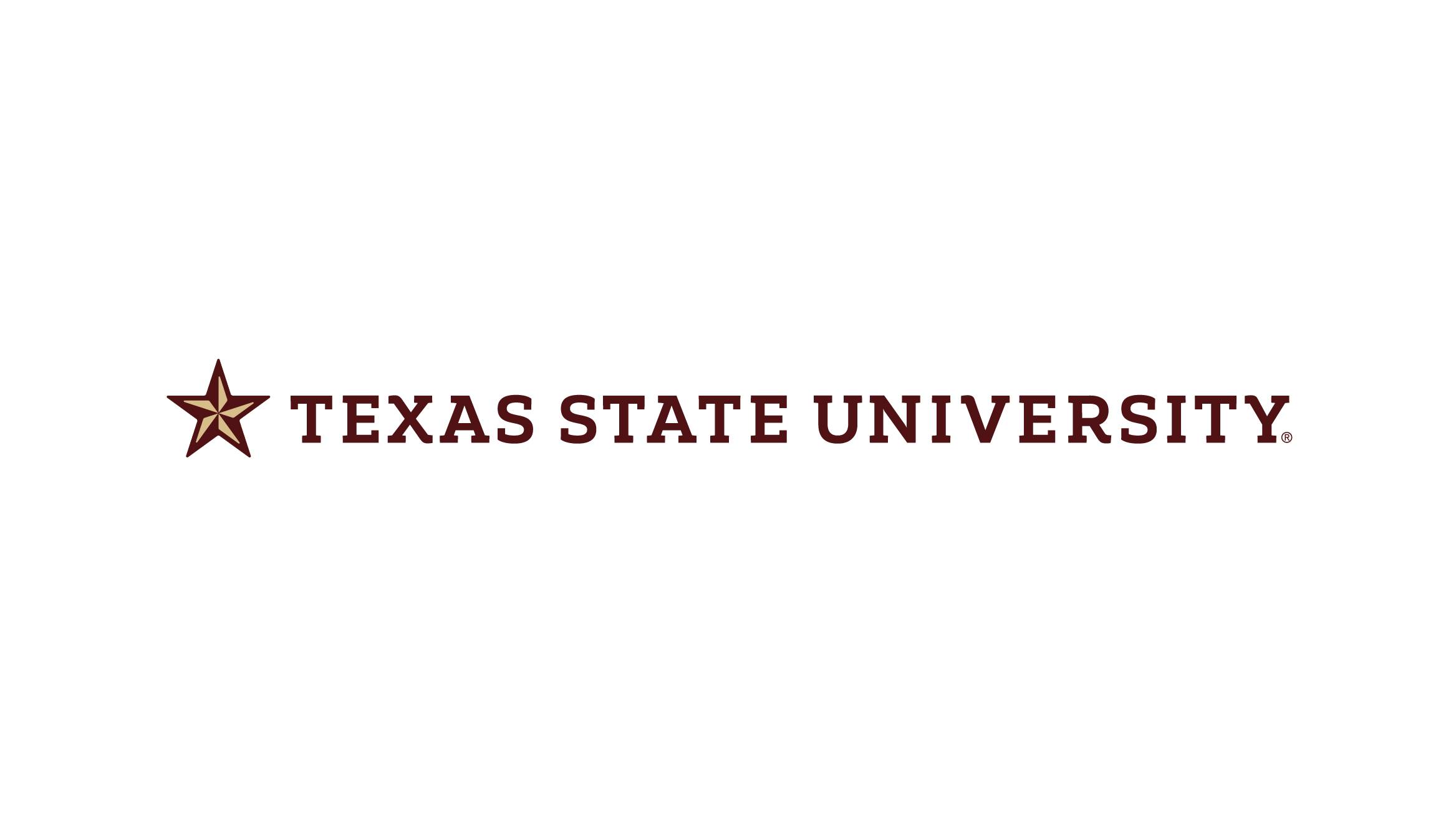 A maroon and gold star followed by the words "Texas State University" in a horizontal line
