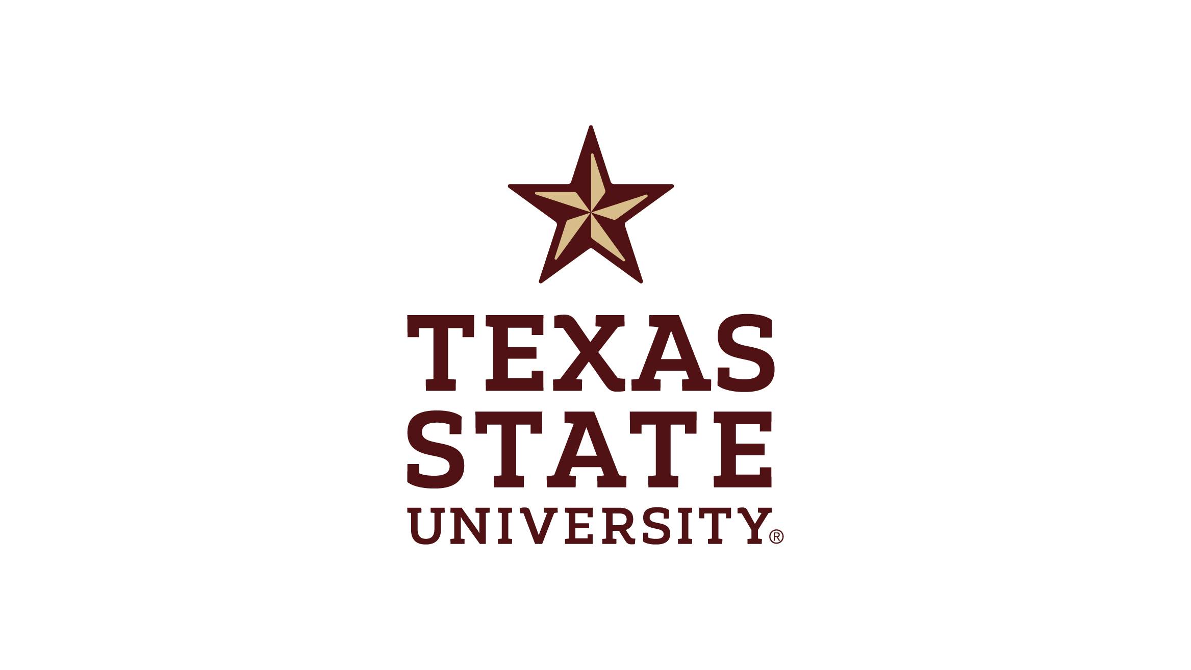 A maroon and gold star followed by the words "Texas State University" stacked on top of each other