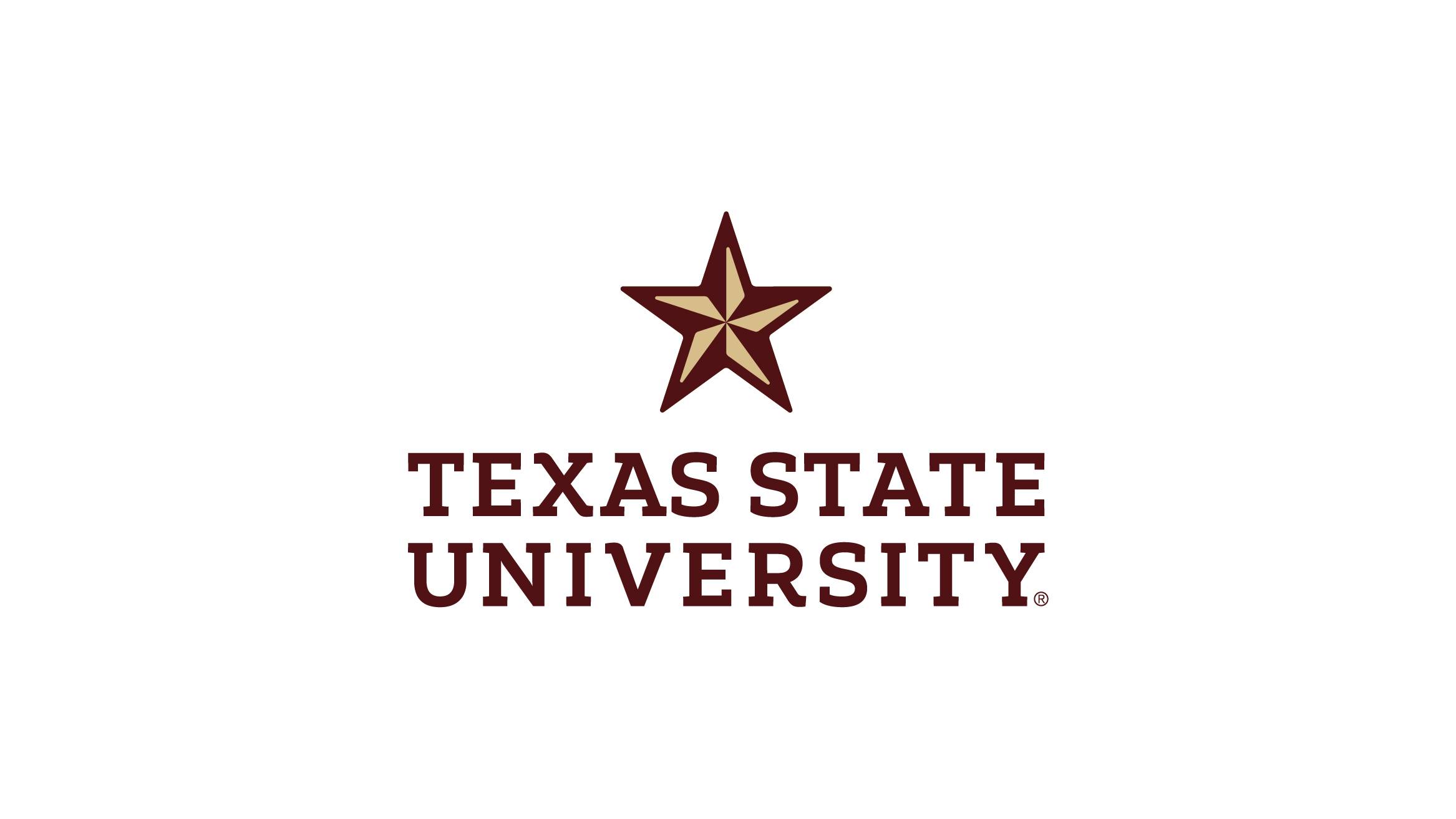 A maroon and gold star followed by the words "Texas State University"